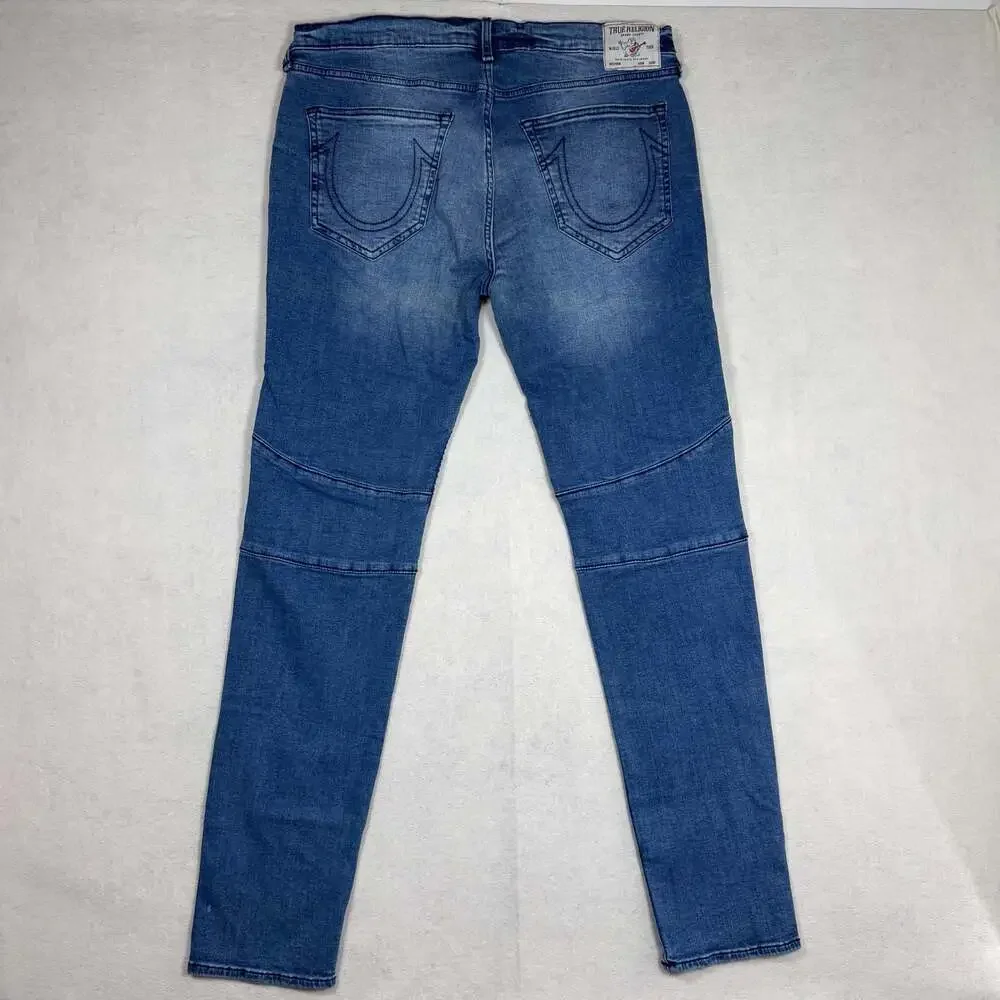 True Religion Jeans Mens 34 (Fits 34x33) Blue Rocco Skinny Moto Biker Denim